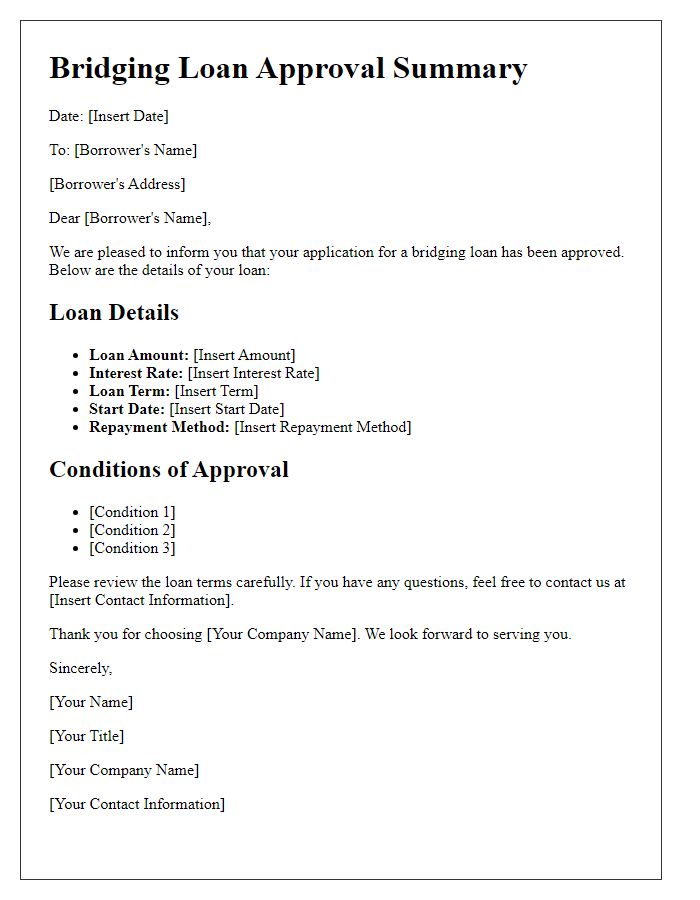 Letter template of bridging loan approval summary