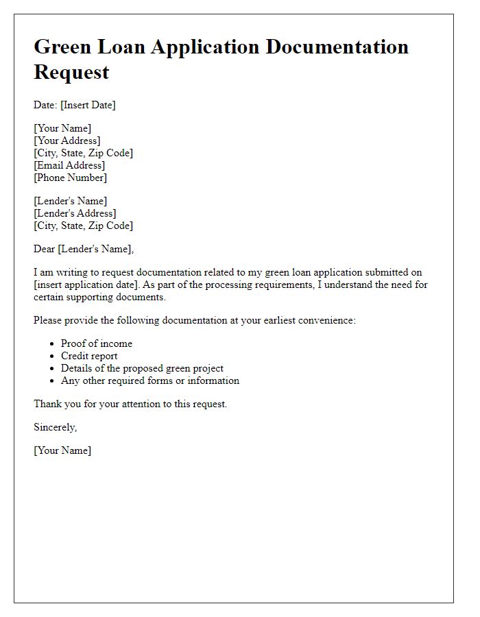 Letter template of green loan application documentation request.