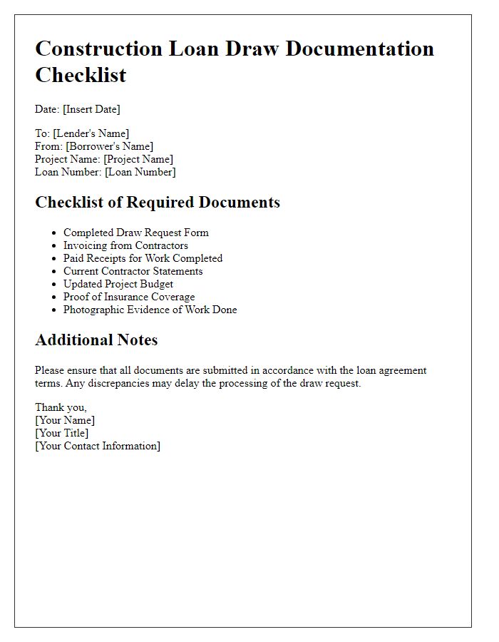 Letter template of construction loan draw documentation checklist