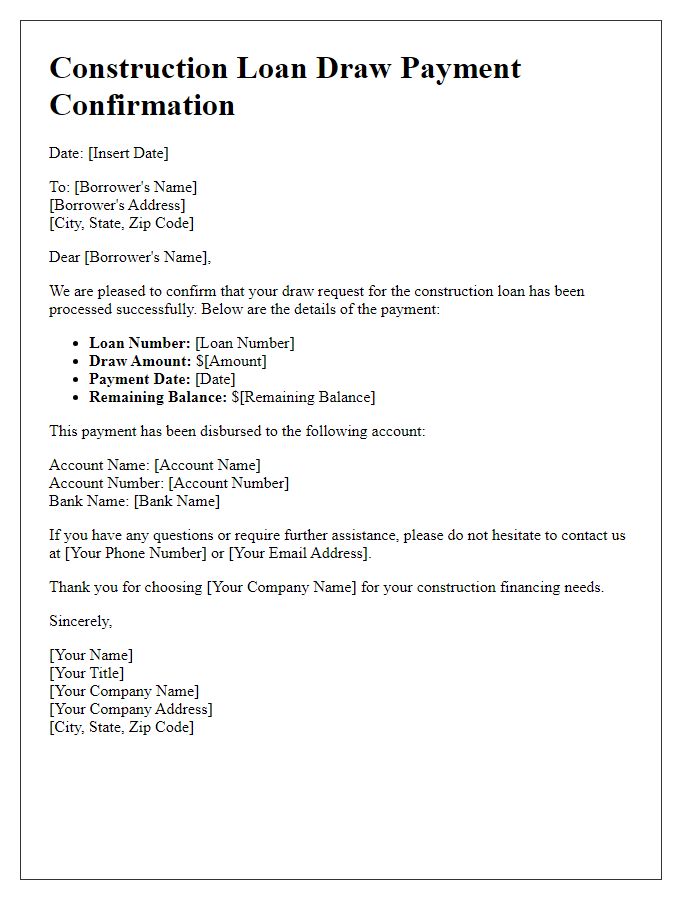 Letter template of construction loan draw payment confirmation