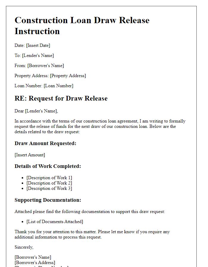 Letter template of construction loan draw release instruction