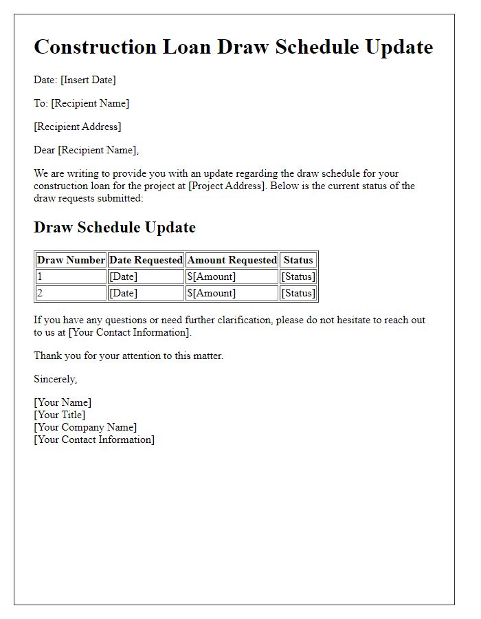 Letter template of construction loan draw schedule update