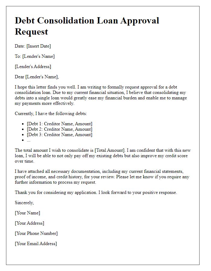 Letter template of debt consolidation loan approval request