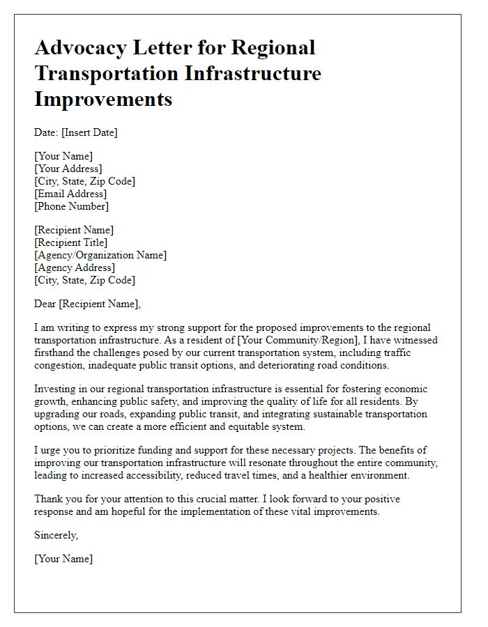 Letter template of advocacy for regional transportation infrastructure improvements