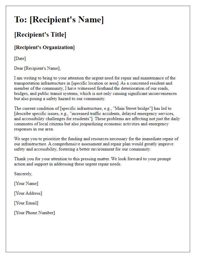 Letter template of appeal for urgent transportation infrastructure repair