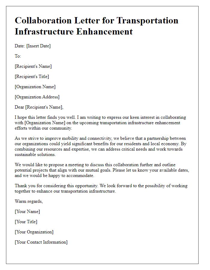 Letter template of collaboration for transportation infrastructure enhancement efforts