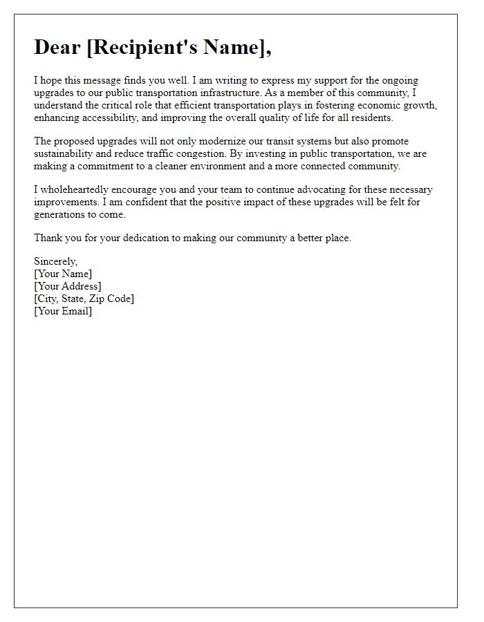 Letter template of encouragement for public transportation infrastructure upgrades