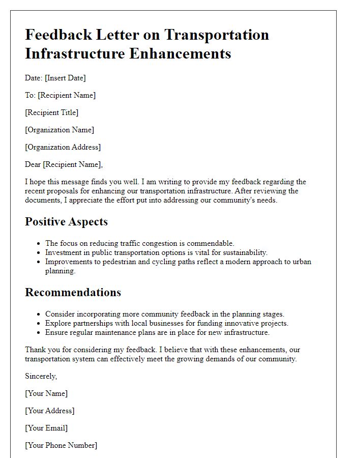 Letter template of feedback on transportation infrastructure enhancement proposals