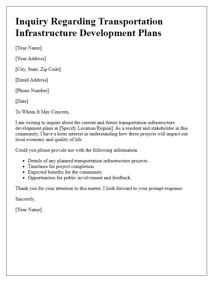 Letter template of inquiry regarding transportation infrastructure development plans