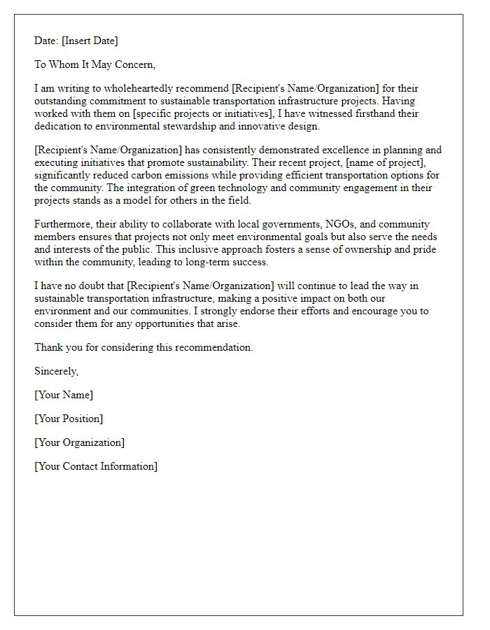 Letter template of recommendation for sustainable transportation infrastructure projects