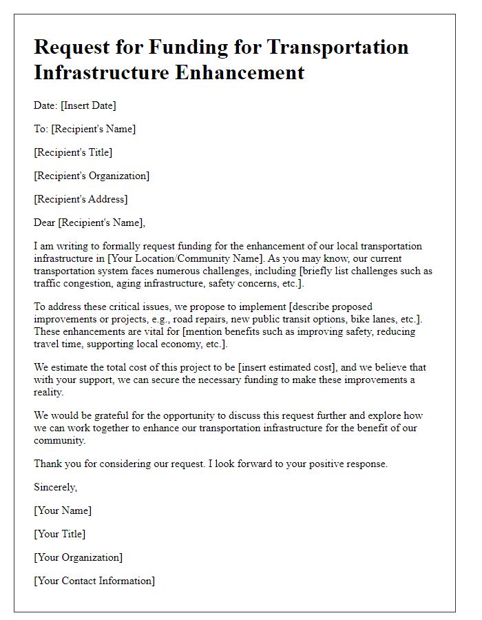 Letter template of request for transportation infrastructure enhancement funding