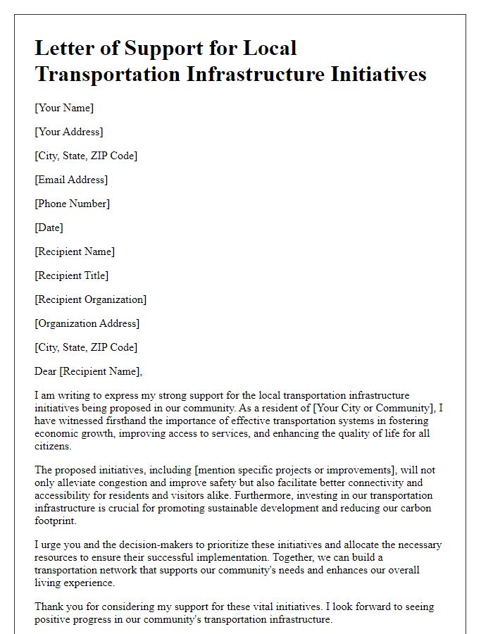 Letter template of support for local transportation infrastructure initiatives