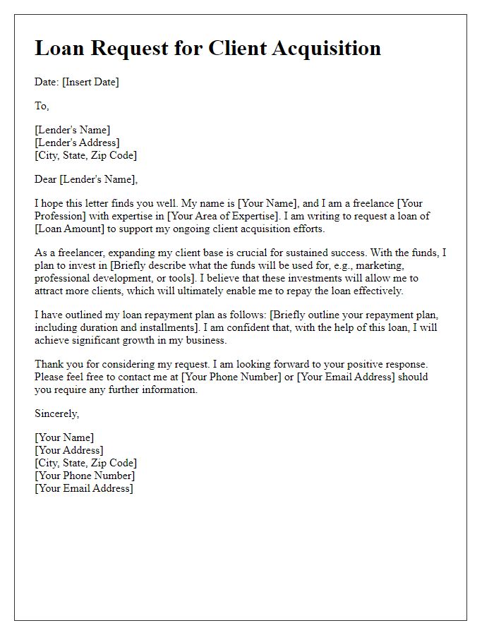 Letter template of freelance loan request for client acquisition.