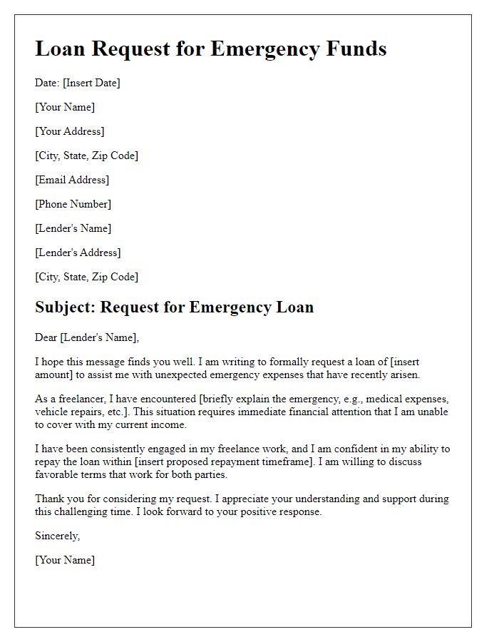 Letter template of freelance loan request for emergency funds.