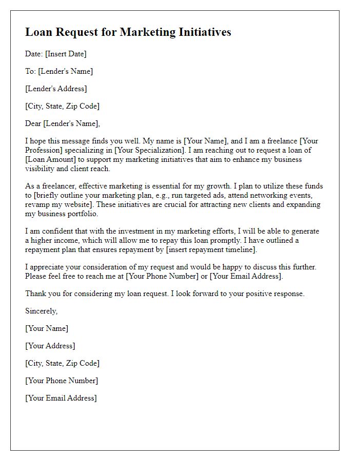 Letter template of freelance loan request for marketing initiatives.