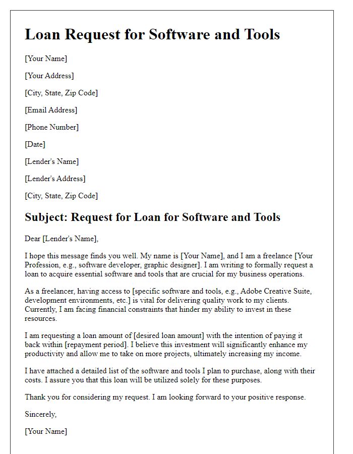 Letter template of freelance loan request for software and tools.