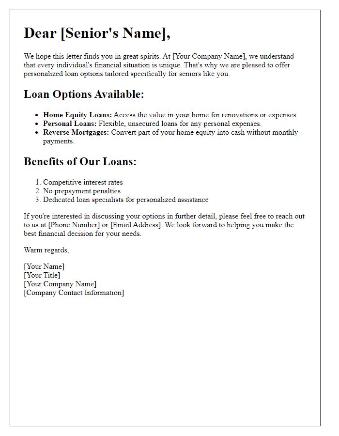 Letter template of personalized loan options for seniors