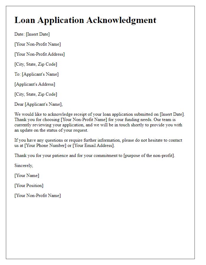 Letter template of non-profit loan application acknowledgment