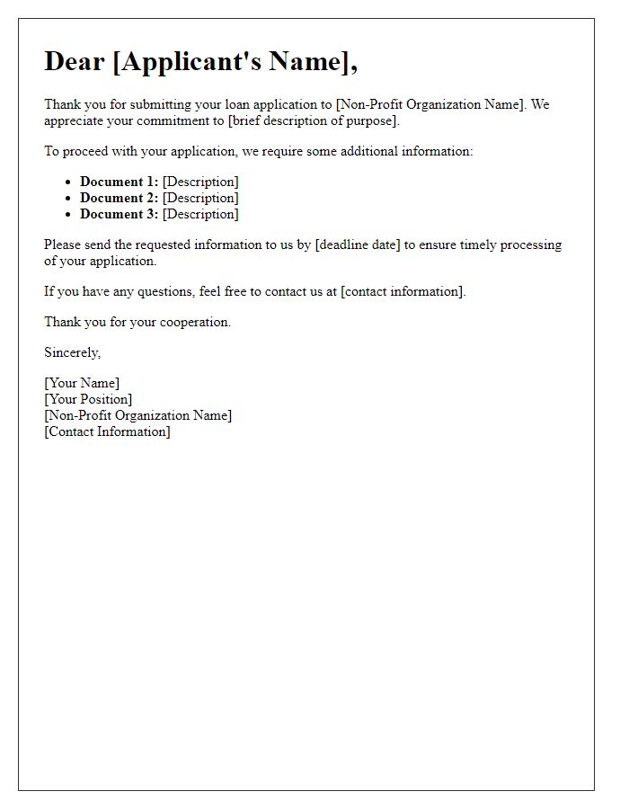 Letter template of non-profit loan application additional information request