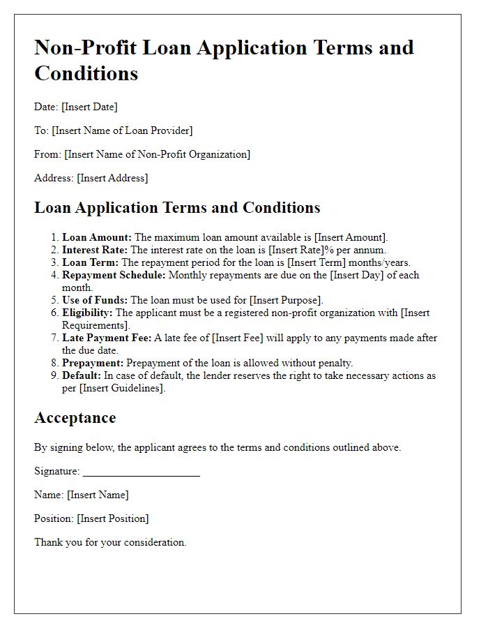 Letter template of non-profit loan application terms and conditions