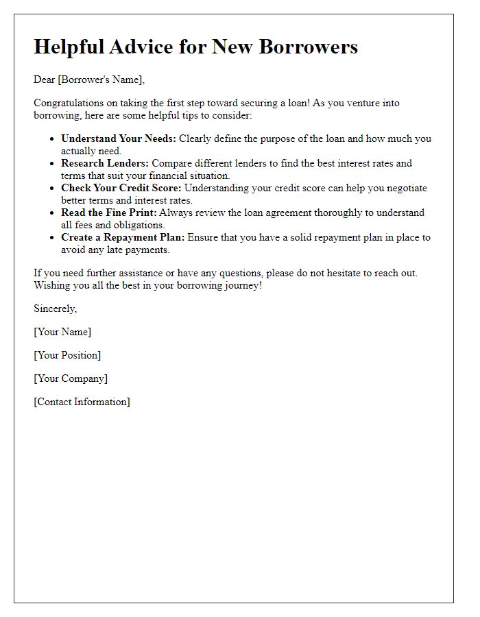 Letter template of Helpful Advice for New Borrowers