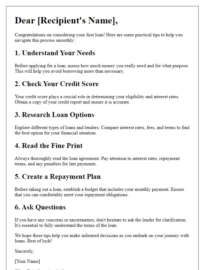 Letter template of Practical Advice for First-Time Loan Users