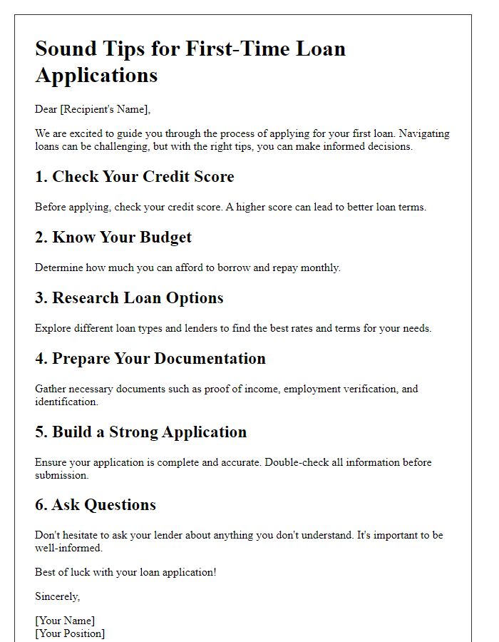 Letter template of Sound Tips for First-Time Loan Applications