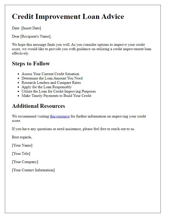 Letter template of credit improvement loan advice