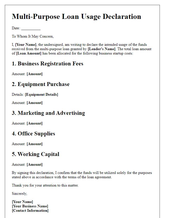 Letter template of multi-purpose loan usage declaration for business startup costs.