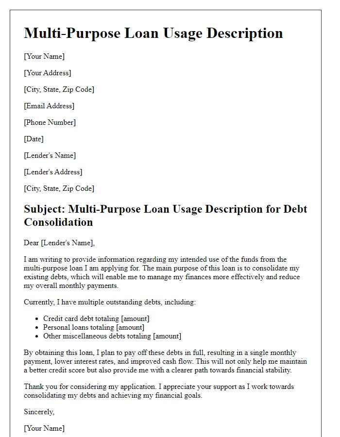 Letter template of multi-purpose loan usage description for debt consolidation.