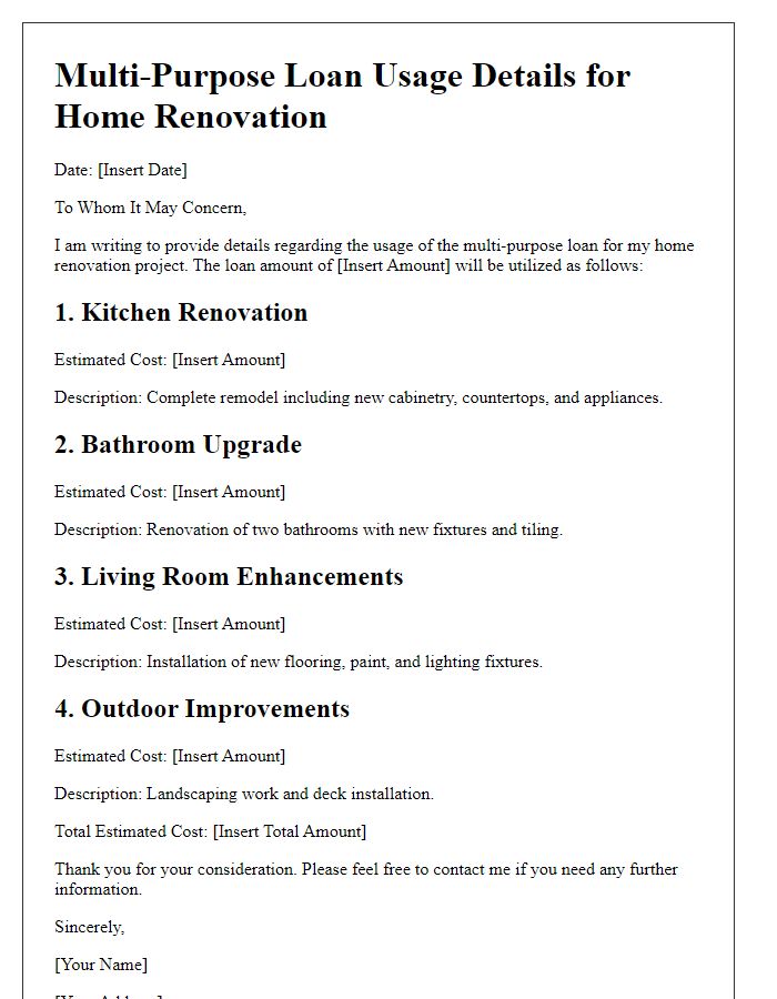 Letter template of multi-purpose loan usage details for home renovation projects.