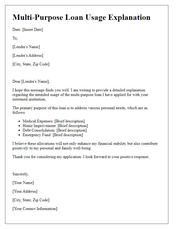 Letter template of multi-purpose loan usage explanation for personal needs.