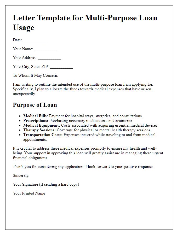 Letter template of multi-purpose loan usage outline for medical expenses.