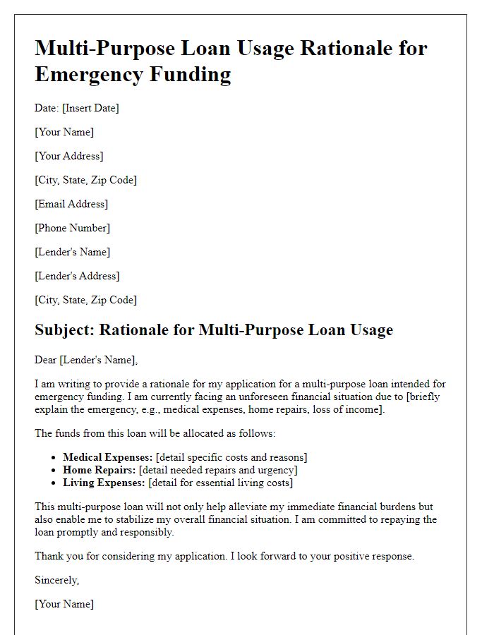 Letter template of multi-purpose loan usage rationale for emergency funding.