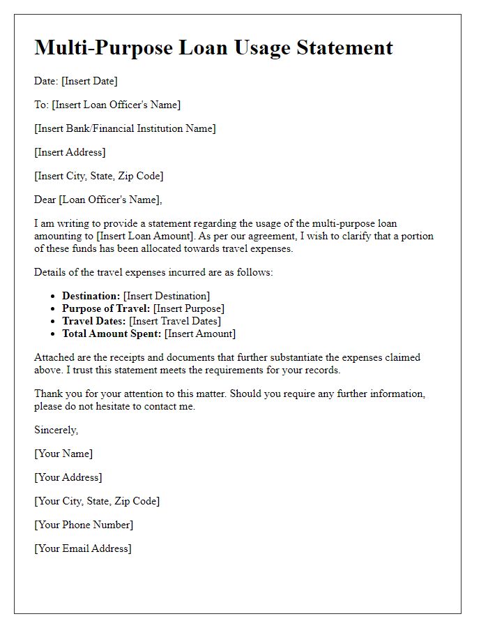 Letter template of multi-purpose loan usage statement for travel expenses.