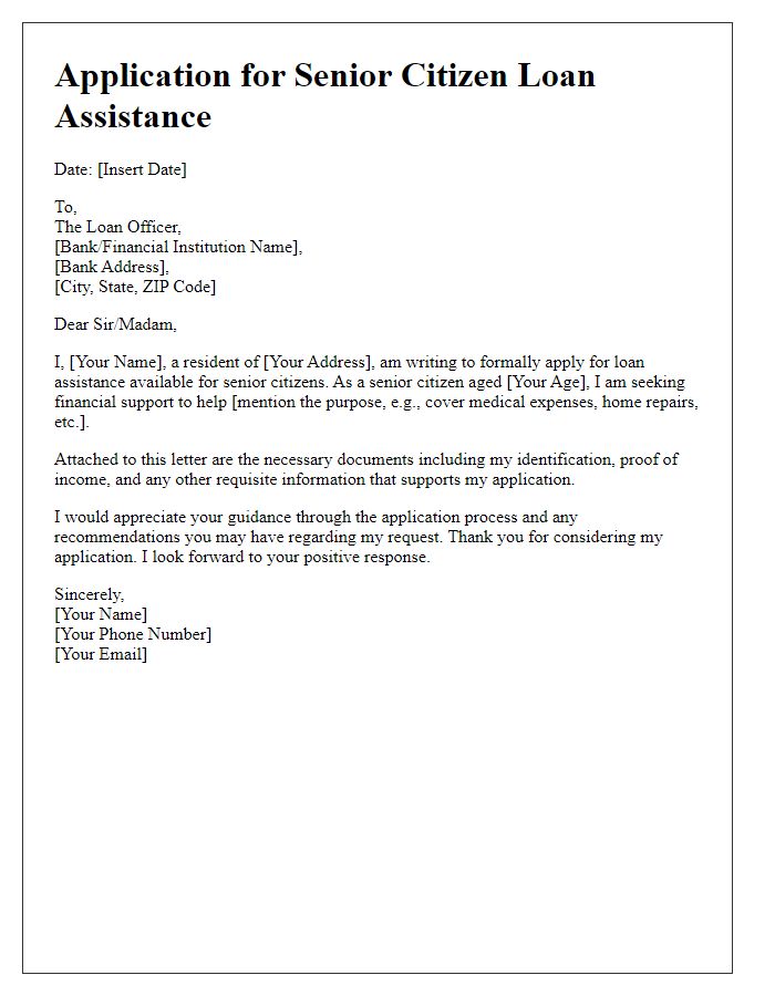 Letter template of senior citizen loan assistance application