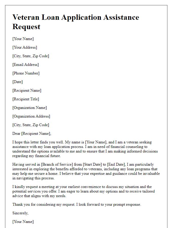 Letter template of veteran loan application assistance request for financial counseling.