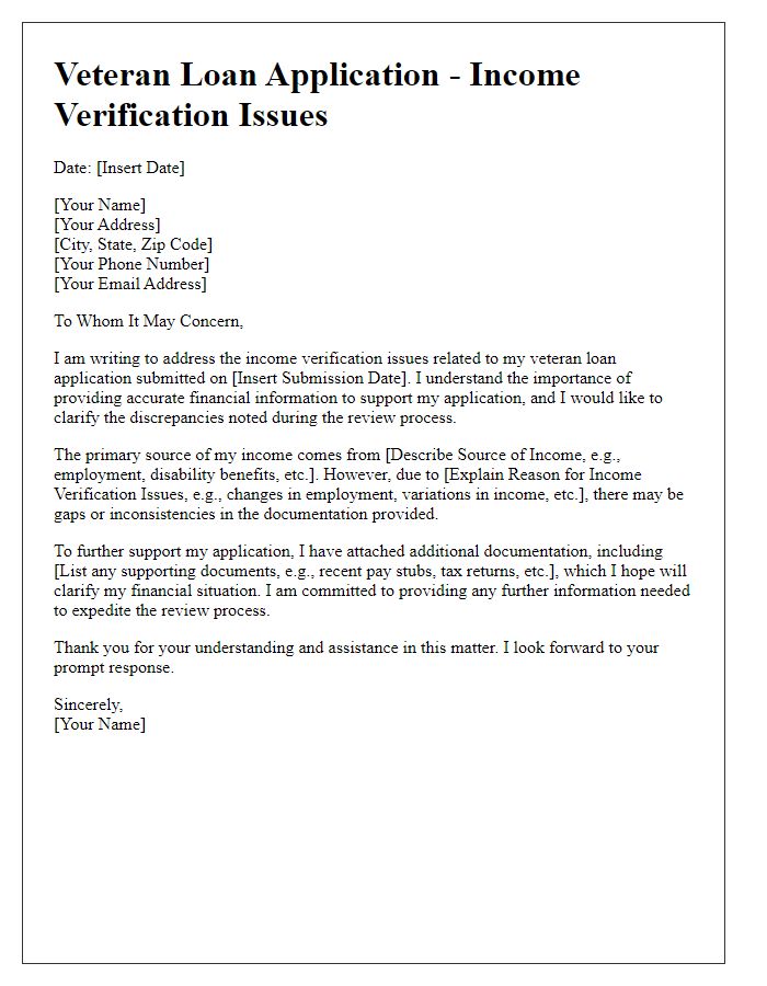 Letter template of veteran loan application explanation of income verification issues.