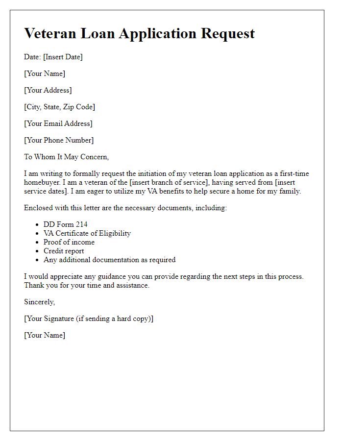 Letter template of veteran loan application request for first-time homebuyers.