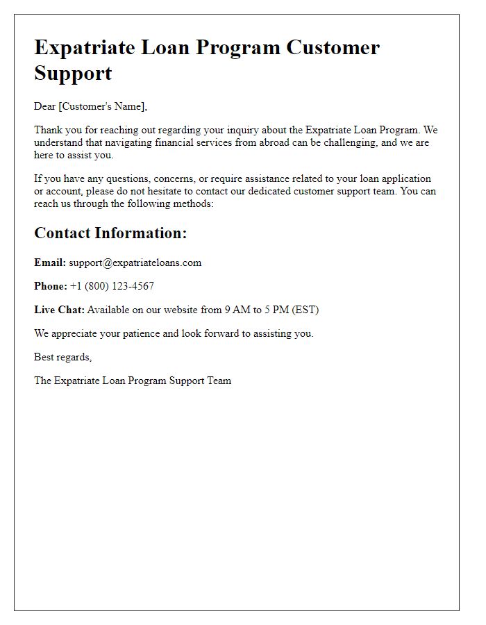 Letter template of expatriate loan program customer support contact