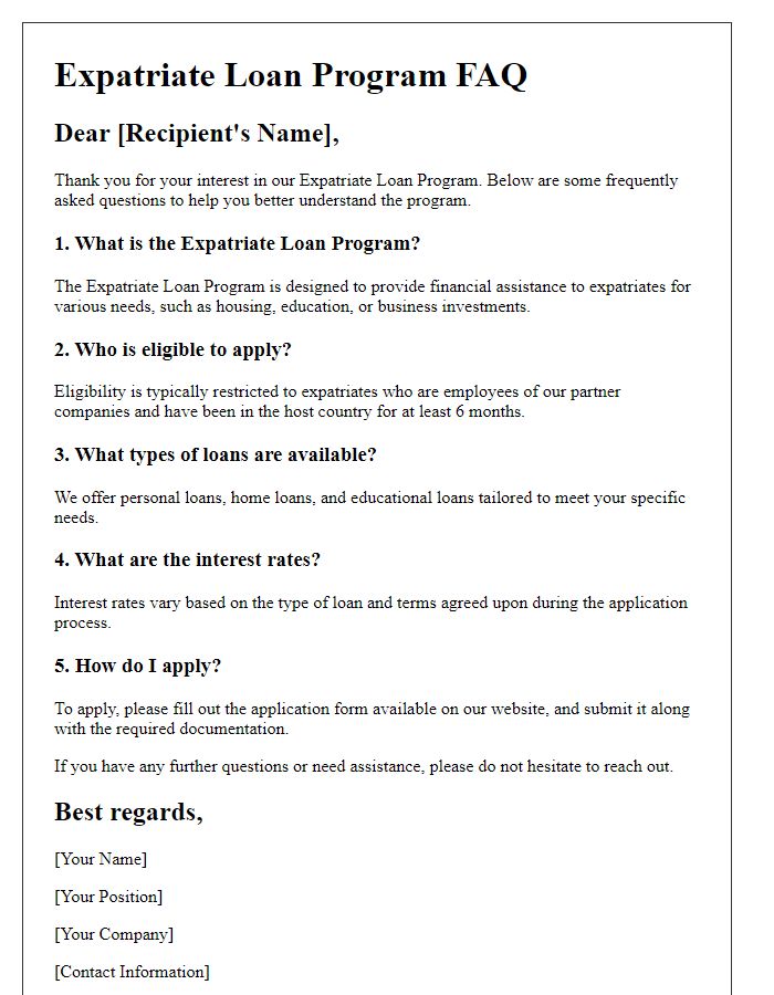 Letter template of expatriate loan program FAQ