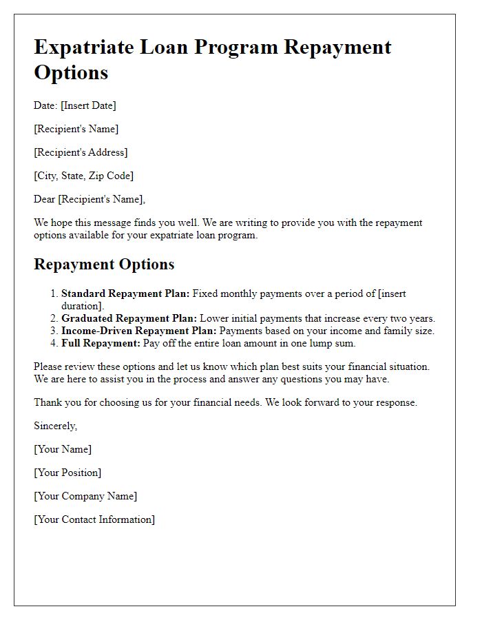 Letter template of expatriate loan program repayment options