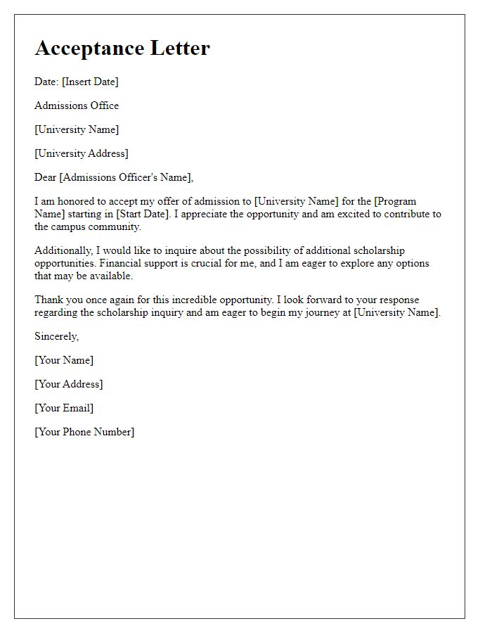 Letter template of acceptance with additional scholarship inquiry