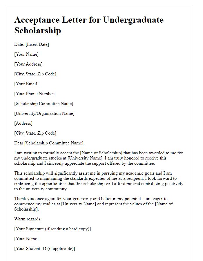 Letter template of acceptance for undergraduate scholarship