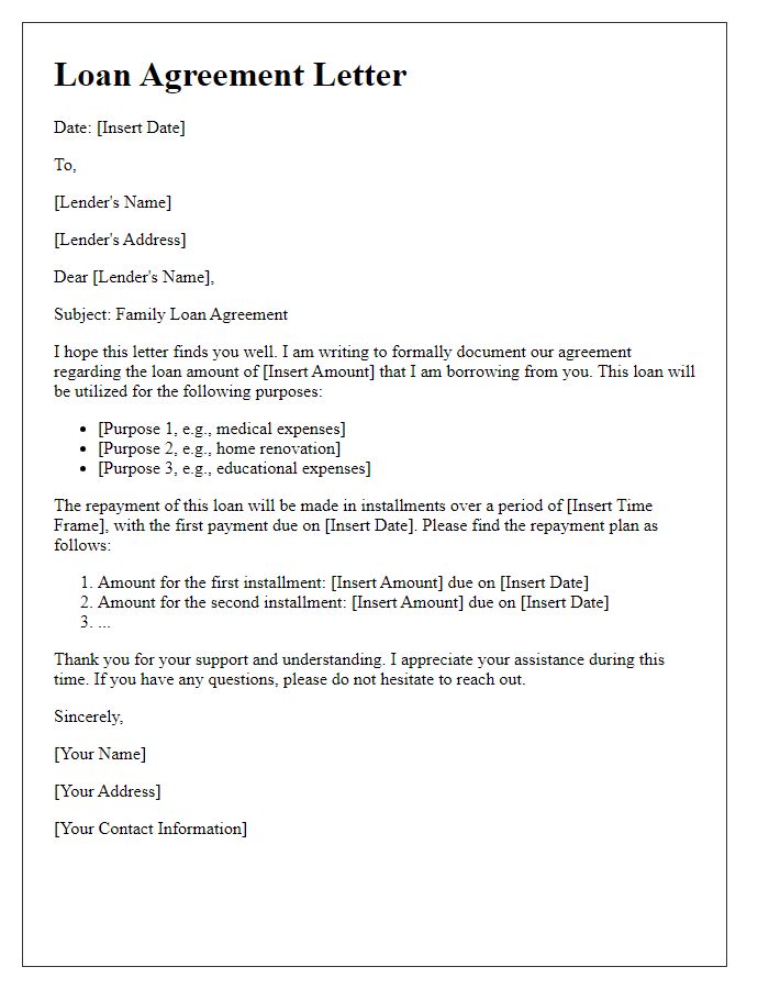 Letter template of family loan amount and usage