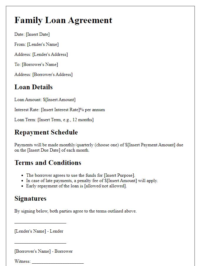 Letter template of family loan obligations and agreements