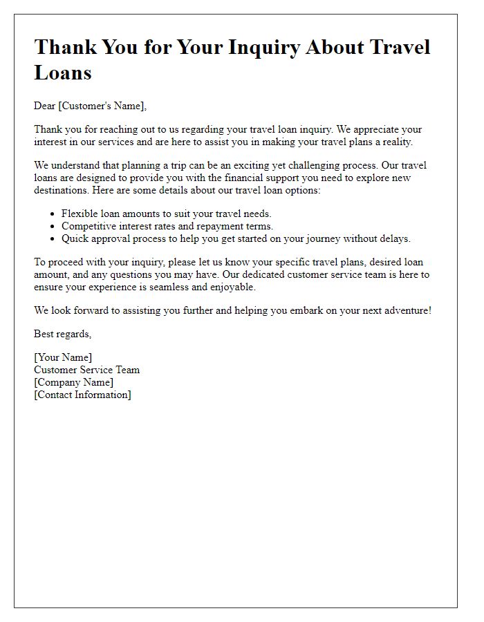 Letter template of travel loan inquiry response  customer service focus