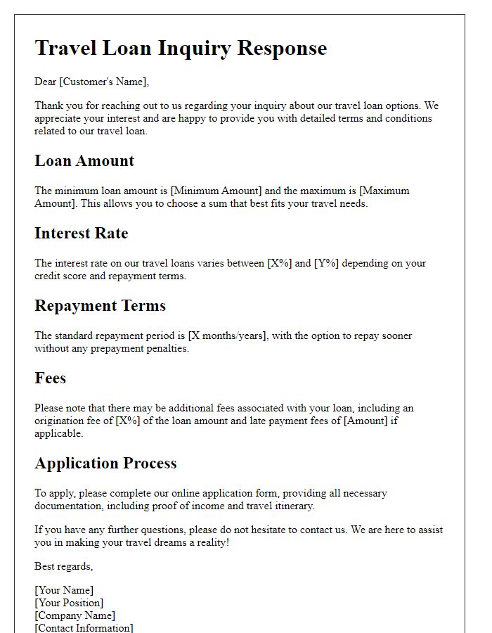 Letter template of travel loan inquiry response  detailed terms explanation