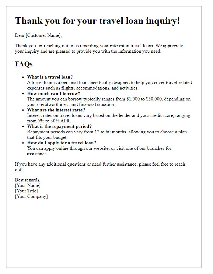 Letter template of travel loan inquiry response  FAQs included