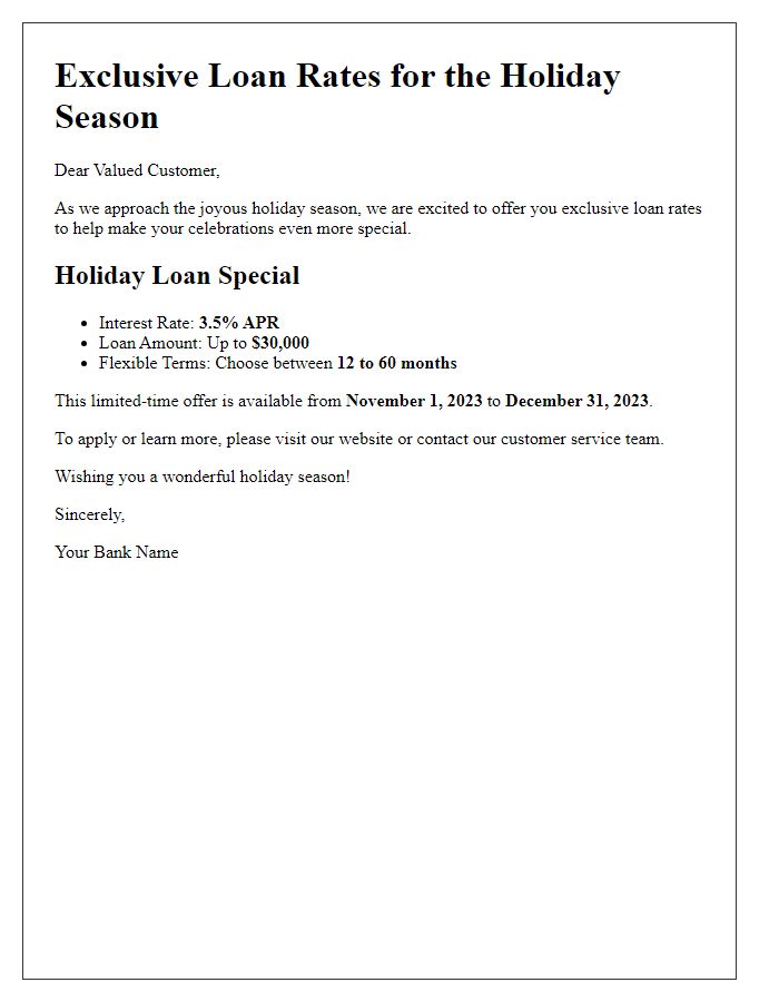 Letter template of exclusive loan rates for the holiday season